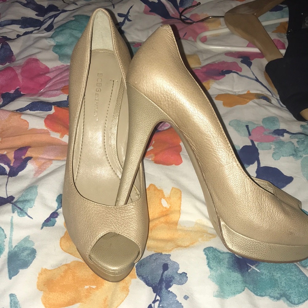 BCBG Peep Toe Shiny Nude Pumps